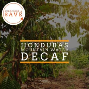 Coffee plantation in Honduras with text overlay promoting 'Honduras Mountain Water Decaf' and a circular label in the corner reading 'Subscribe & Save'.