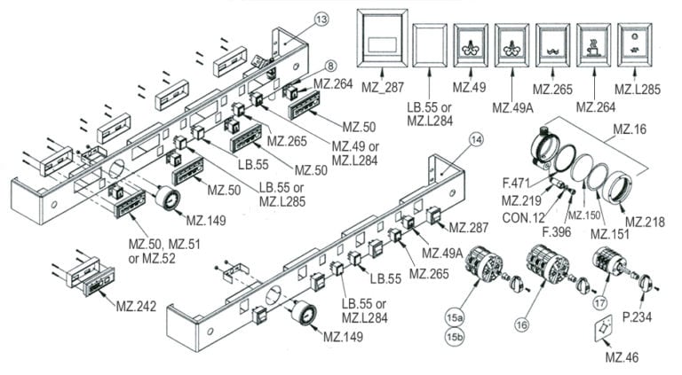 Badger and Dodo Coffee Roasters: An exploded diagram crafted by a technician, showcasing electronic components like switches, connectors, and indicator lights labeled MZ.287, MZ.49, and MZ.50. Components are artfully displayed separately, reminiscent of a modern-day Michelangelos precision work with connectors and sockets beneath.