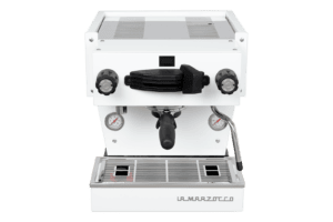 Badger and Dodo Coffee Roasters: The La Marzocco Linea Mini - Bianca espresso machine includes two pressure gauges, a central portafilter, and dual steam wands, with the brand name prominently displayed at its base.