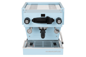 Badger and Dodo Coffee Roasters: The La Marzocco Linea Mini - Blue showcases dual dials, a portafilter, a right-side steam wand, and a drip tray below. Its sleek, modern design makes it an elegant and compact centerpiece for any kitchen.