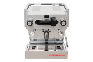 Badger and Dodo Coffee Roasters: Front view of a La Marzocco Linea Mini - Silver espresso machine, featuring dual pressure gauges, a portafilter handle, side control knobs, with the iconic brand logo prominently at the bottom.