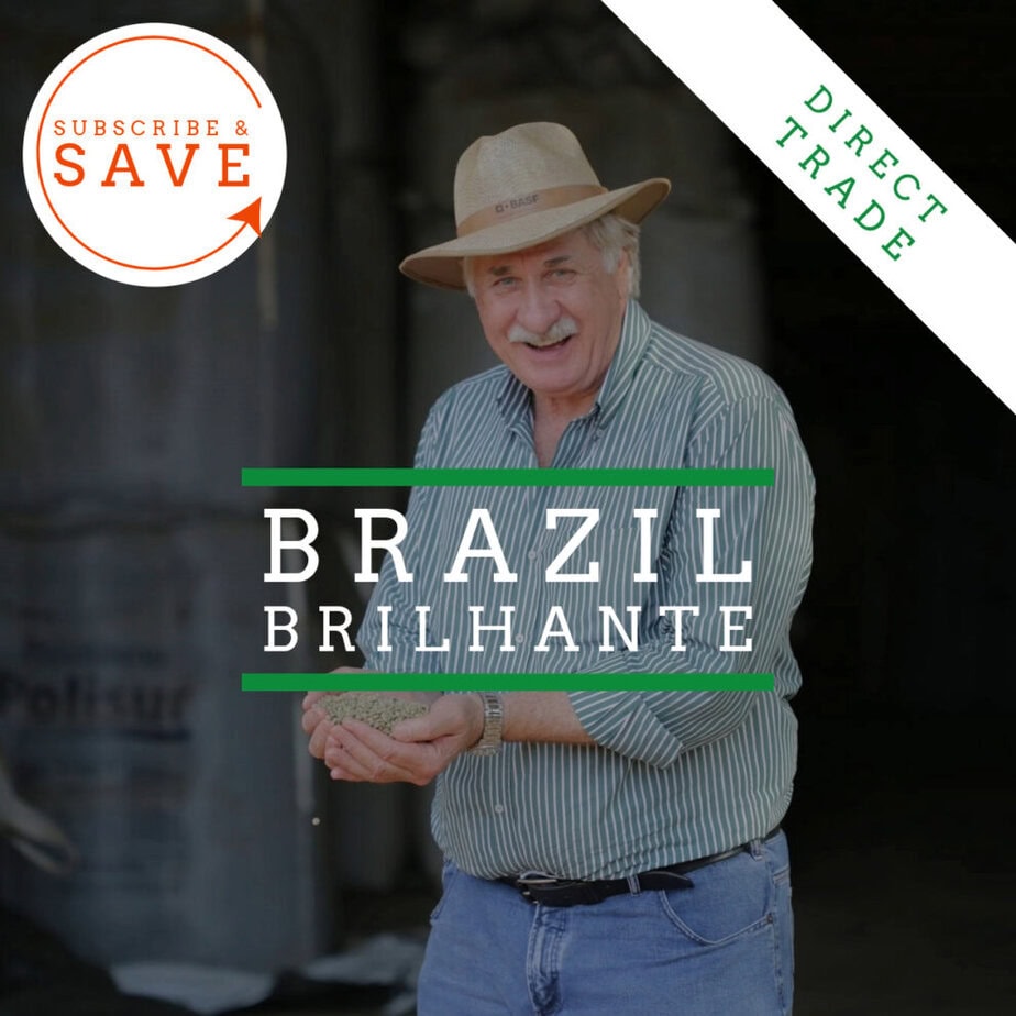 Badger and Dodo 1 Badger & Dodo. Smiling man in a hat holds coffee beans; text reads Brazil - Rio Brilhante, featuring Subscribe & Save and Direct Trade.