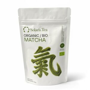Badger and Dodo Coffee Roasters: A white package of Solaris Tea Green Matcha 100g is displayed, with a green label denoting it as a superfood and culinary grade.