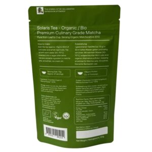 Badger and Dodo Coffee Roasters: A white package of Solaris Tea Green Matcha 100g is displayed, with a green label denoting it as a superfood and culinary grade.