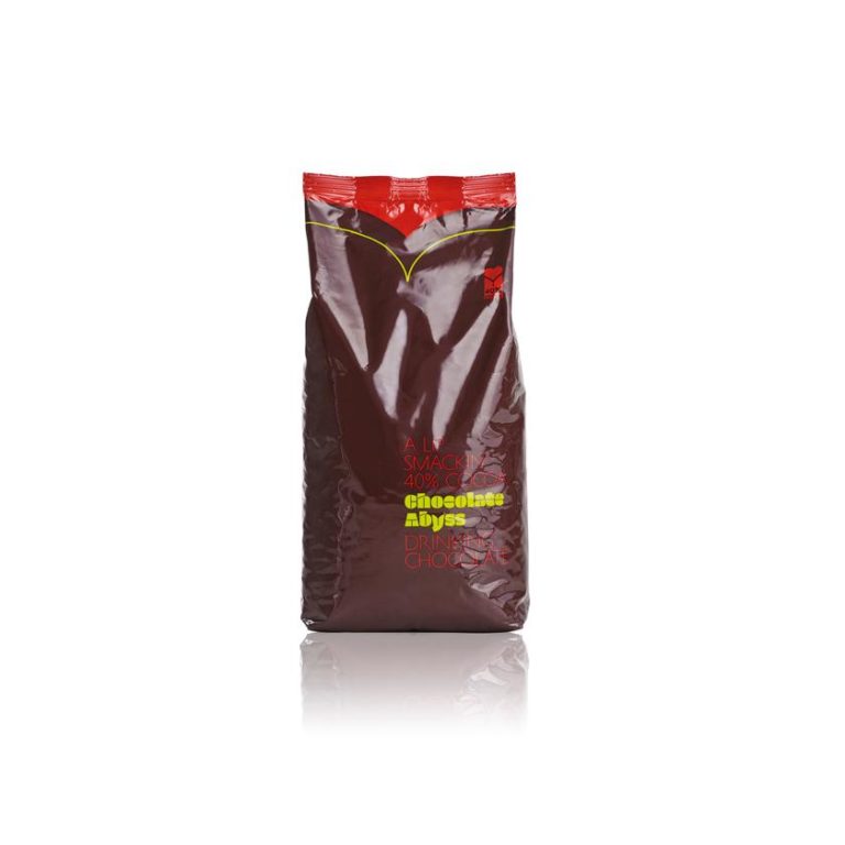 Badger and Dodo Coffee Roasters: A 1kg Chocolate Abyss 40% Hot Chocolate bag displays a harmonious blend of brown and red hues with yellow and white text on the front, all set against a white background.