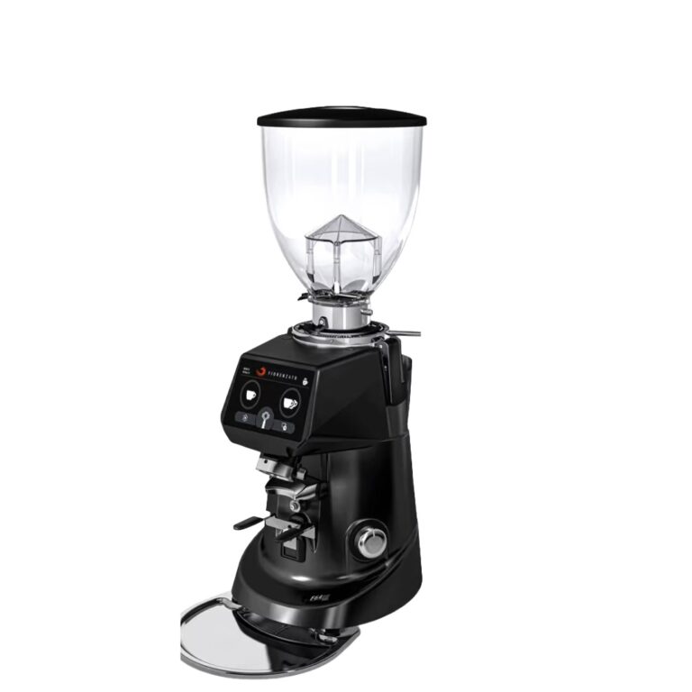 Badger & Dodo. Sleek black Fiorenzato F64 EVO PRO coffee grinder featuring a clear bean hopper and intuitive digital display.