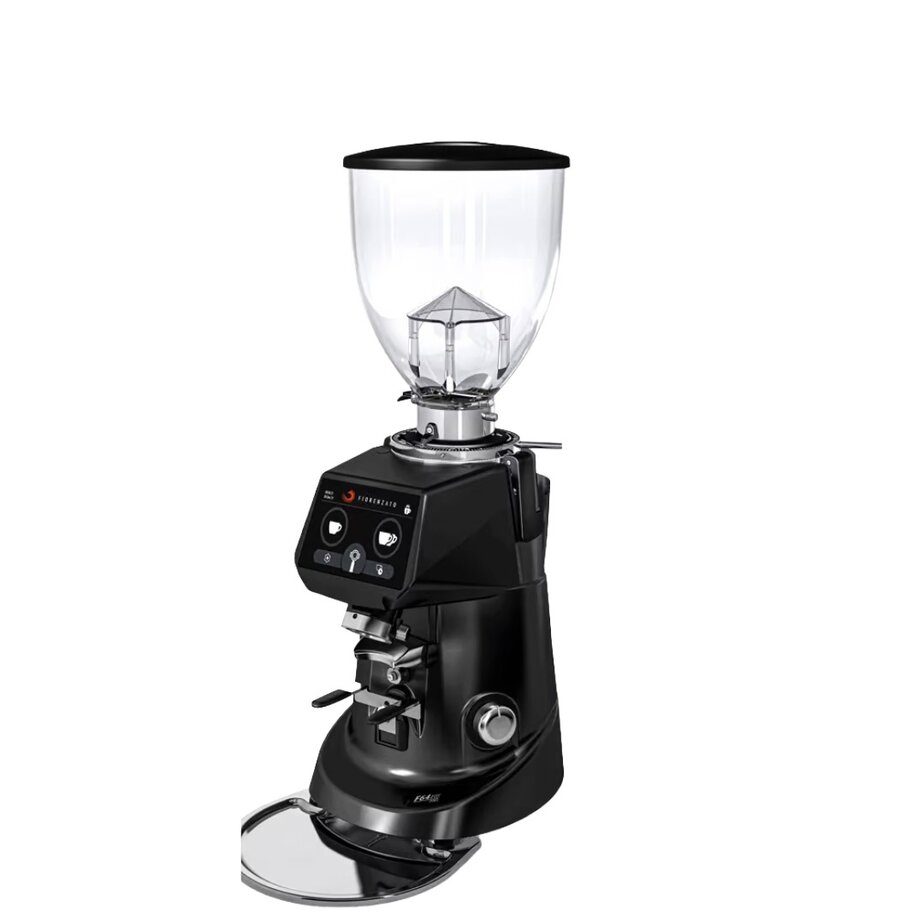 Badger & Dodo. Sleek black Fiorenzato F64 EVO PRO coffee grinder featuring a clear bean hopper and intuitive digital display.