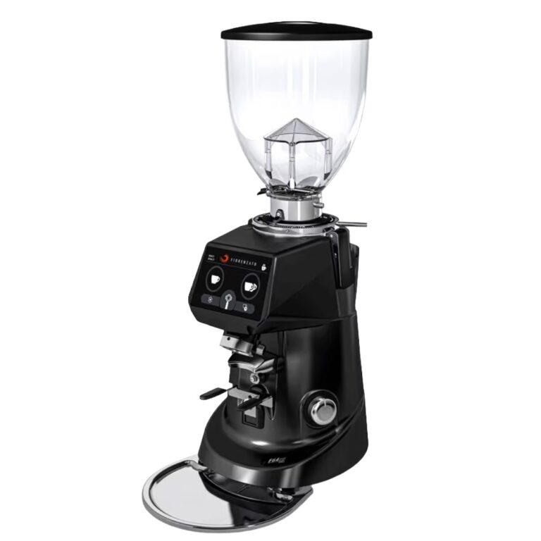 Badger & Dodo. A modern Fiorenzato F83 E PRO coffee grinder with a clear bean hopper and digital controls, standing on a round metal base.