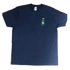 Badger and Dodo Coffee Roasters: A navy blue IRISH AEROPRESS CHAMPIONSHIPS 2024 SHIRT with a small embroidered hourglass and 2024 on the left chest. The hourglass features yellow sand and a blue frame, styled like hot water pouring from a kettle.