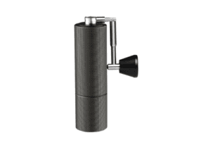 Badger and Dodo Coffee Roasters: A rotating image of the Grinder Chestnut C2 MAX Foldable Black-Timemore reveals a sleek, modern coffee grinder with a cylindrical design and detachable handle. Featuring a textured dark finish and top conical burr, it expertly grinds coffee beans.