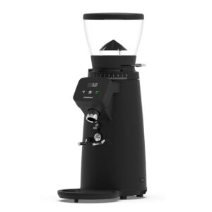 Badger and Dodo Coffee Roasters: The Compak i3 Pro is a sleek black coffee grinder featuring a transparent bean hopper, digital display, and intuitive controls for grind settings. Its modern, compact design includes a spout for dispensing ground coffee, making it perfect for any kitchen.