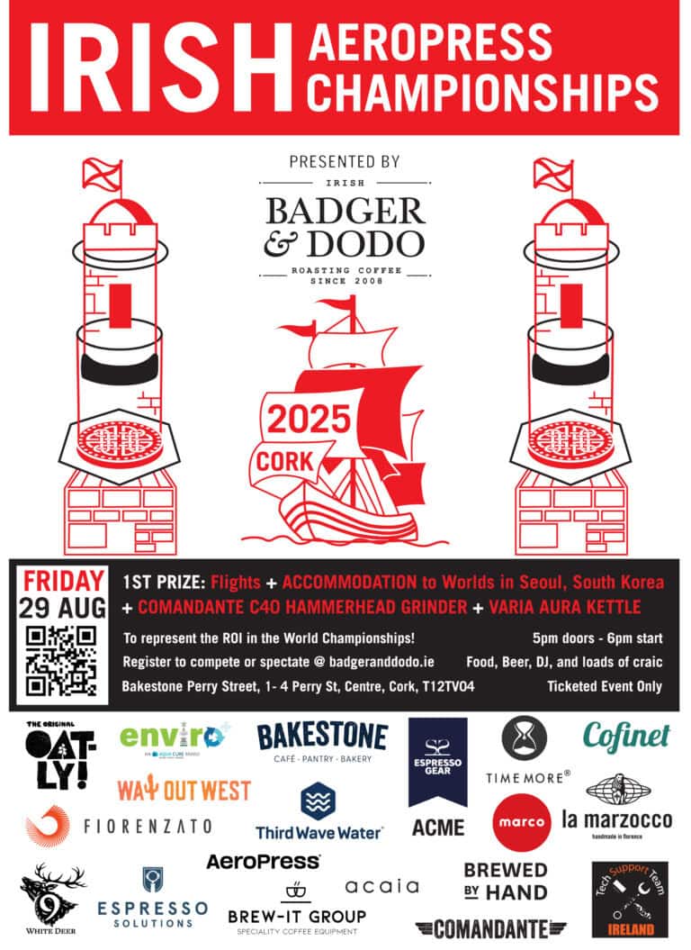 A poster for the "Irish AeroPress Championships 2025" presented by Badger & Dodo. The poster includes stylized illustrations of lighthouses and a sailing ship with "2025 Cork" text. Event details: Friday, 29th August, 5pm doors, 6pm start, at Bakestone Perry Street, Cork. The 1st prize includes flights and accommodation to the World Championships in Seoul, South Korea, a Comandante C40 grinder, and a Varia Aura kettle. The poster lists multiple sponsor logos, including Oatly, Enviro+, Bakestone, Cofinet, Timemore, Fiorenzato, La Marzocco, and more. It mentions food, beer, DJ, and "loads of craic."