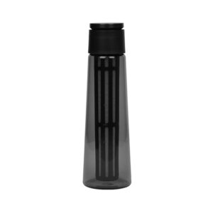 A black cold brew coffee maker with a cylindrical shape, featuring a transparent lower body and a built-in vertical filter visible inside. The top is capped with a matte black lid.