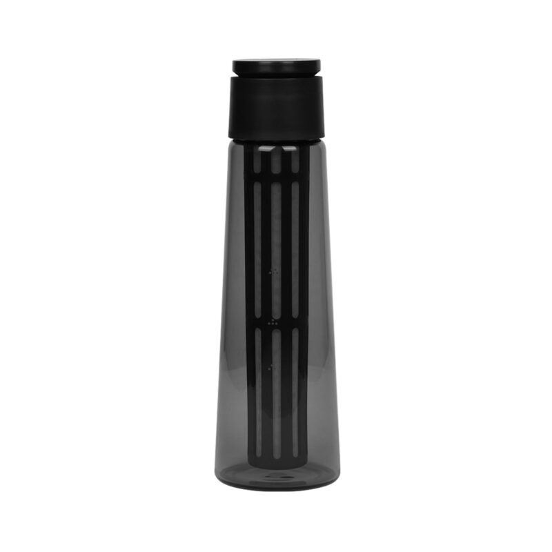 A black cold brew coffee maker with a cylindrical shape, featuring a transparent lower body and a built-in vertical filter visible inside. The top is capped with a matte black lid.