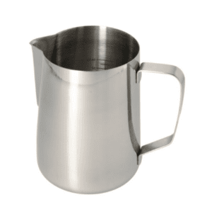 Stainless steel foaming jug with a 1.5-litre capacity, featuring a spout for pouring, a sturdy handle, and etched volume measurements on the inner wall.