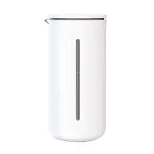 A front view of a sleek, white French press coffee maker with a narrow transparent vertical window indicating the fill level.