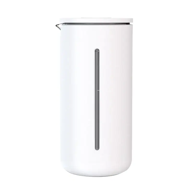 A front view of a sleek, white French press coffee maker with a narrow transparent vertical window indicating the fill level.