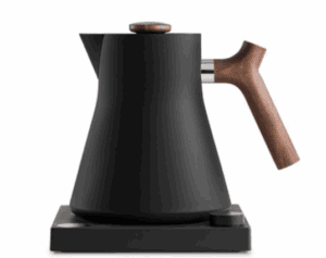 Modern black electric kettle with a matte finish, featuring a wooden handle and lid knob, placed on a square base with a control dial.
