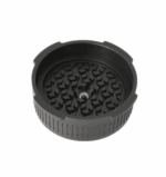 Black plastic or rubber grinder lid with a textured inner surface featuring interlocking teeth for Aeropress
