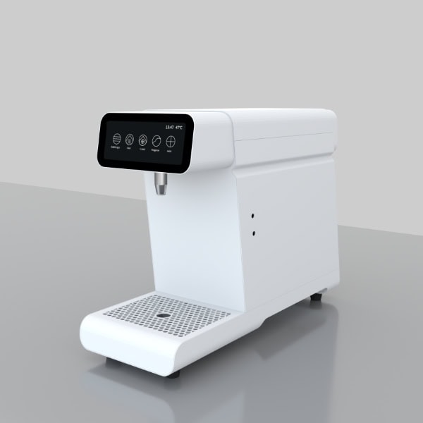 A sleek, modern white countertop milk frother or dispenser machine with a black digital control panel on the front, featuring touch-sensitive icons and a display showing the temperature (134°C / 47°C). The machine has a stainless steel nozzle and a drip tray below, designed for easy use in a kitchen or café setting.