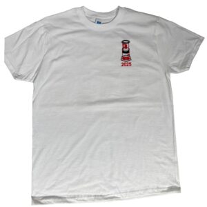 The image shows a plain white T-shirt with a small red and black graphic printed on the upper left chest area. The graphic features an illustration of a coffee dripper sitting on a cup, with the number "2025" written below it in red text.