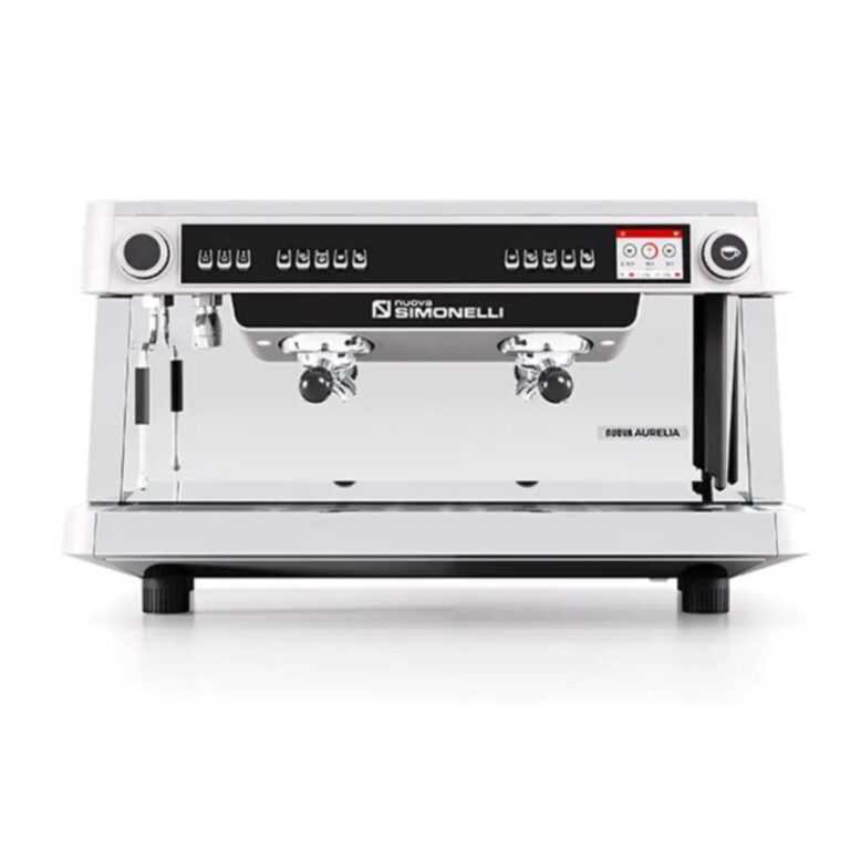 Nuova Simonelli Aurelia XT commercial espresso machine, front view, with two group heads, steam wands, control buttons, and pressure gauges in a stainless steel body. Nuova Simonelli Aurelia XT two-group commercial espresso machine – stainless steel professional coffee maker with programmable controls.