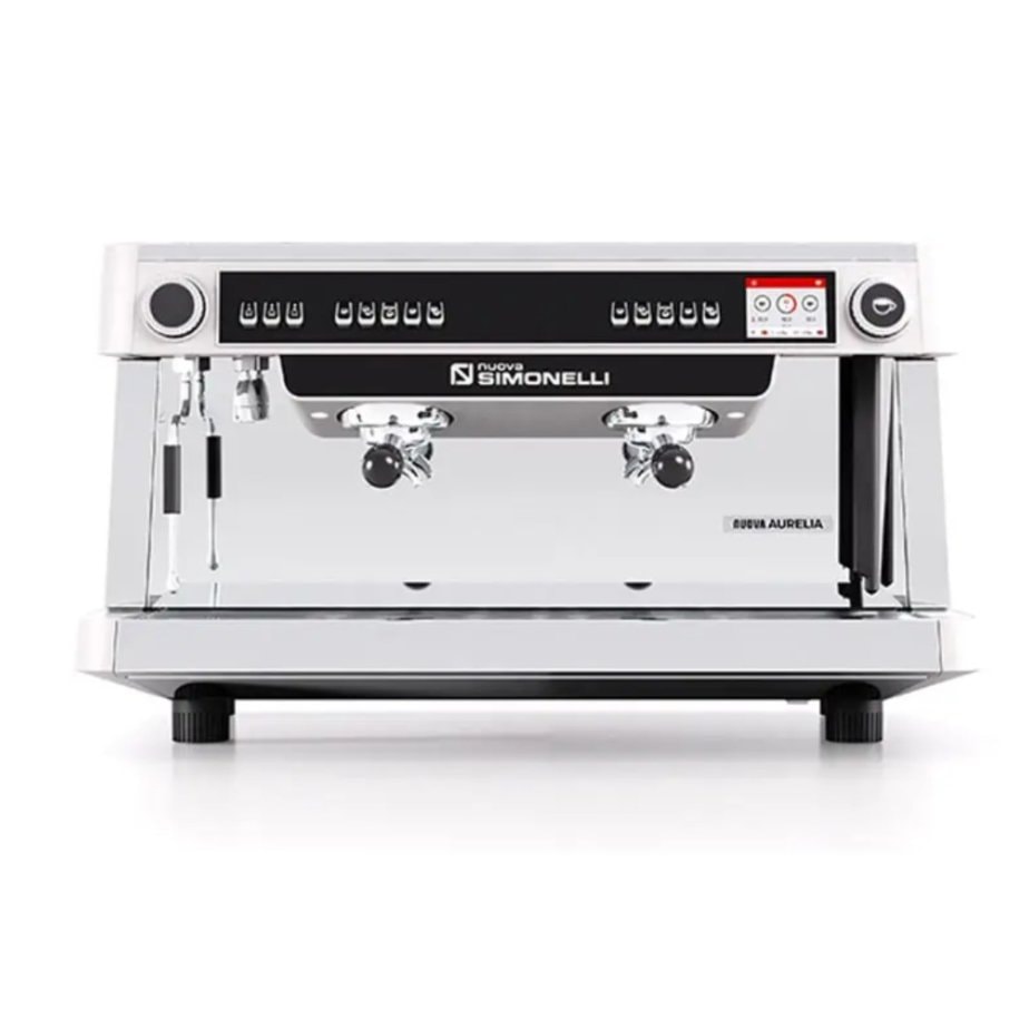 Nuova Simonelli Aurelia XT commercial espresso machine, front view, with two group heads, steam wands, control buttons, and pressure gauges in a stainless steel body. Nuova Simonelli Aurelia XT two-group commercial espresso machine – stainless steel professional coffee maker with programmable controls.