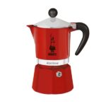 A Red Bialetti Rainbow stovetop espresso maker (Moka pot) with a black handle and knob, and the Bialetti logo printed on the upper chamber.