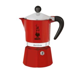 A Red Bialetti Rainbow stovetop espresso maker (Moka pot) with a black handle and knob, and the Bialetti logo printed on the upper chamber.