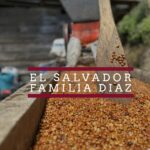 A close-up of coffee beans being processed in a wooden trough, with a wooden paddle stirring them. The background shows rustic equipment and a blurred outdoor setting. Overlaid text reads “El Salvador Familia Diaz” in white letters between two dark red lines.
