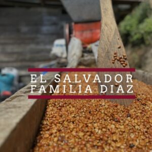 A close-up of coffee beans being processed in a wooden trough, with a wooden paddle stirring them. The background shows rustic equipment and a blurred outdoor setting. Overlaid text reads “El Salvador Familia Diaz” in white letters between two dark red lines.