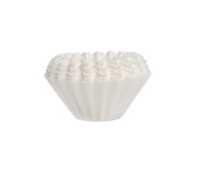 A stack of white, fluted paper coffee filters arranged in a neat pile against a plain white background.
