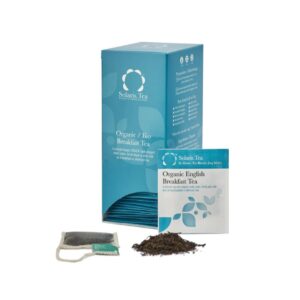 Teal box of Solaris Organic Breakfast Tea with leaf pattern, shown with a matching tea sachet, loose black tea leaves, and a small tea bag in front on a white background.