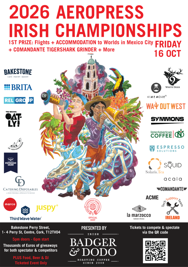 Poster for the 2026 Irish AeroPress Championships on a white background. Large red text at the top announces the event, with the date Friday 16 October. A prize banner highlights flights and accommodation to the World AeroPress Championship in Mexico City, a Comandante Tigershark grinder, and additional prizes. The centre features a colourful hand-painted illustration of two musicians playing AeroPress brewers as instruments, surrounded by tropical flowers, birds, a church tower, and the skeletal remains of a deer. Sponsor logos line both sides of the artwork, including Bakestone, BRITA, REL Group, Oatly!, Galvins Farm Milk, Espresso Gear, Catering Disposables, Marco, Third Wave Water, Juspy, White Deer, Timemore, Way Out West, Symmons, InterAmerican Coffee, Espresso Solutions, Solaris Tea, Squid, Acaia, Comandante, ACME, La Marzocco, and Tech Support Team Ireland. A black footer contains event details: Bakestone, Perry Street, Cork, doors at 5:00 pm, event starts at 6:00 pm, thousands of euros in giveaways for competitors and spectators, plus food, beer, and a DJ. The poster notes that it is a ticketed event presented by Badger & Dodo Roasting Coffee, with a QR code for tickets at the bottom right.