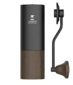 Black and wood Timemore manual coffee grinder with a side-mounted crank handle, shown against a white background.
