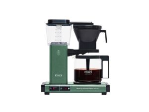 Green Moccamaster Select coffee maker with a glass water reservoir, cone-shaped brew basket, and glass coffee carafe.