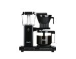 Black Moccamaster Select coffee maker with a glass water reservoir, cone-shaped brew basket, and glass coffee carafe.