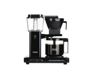 Black Moccamaster Select coffee maker with a glass water reservoir, cone-shaped brew basket, and glass coffee carafe.