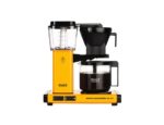 Yellow Moccamaster Select coffee maker with a glass water reservoir, cone-shaped brew basket, and glass coffee carafe.